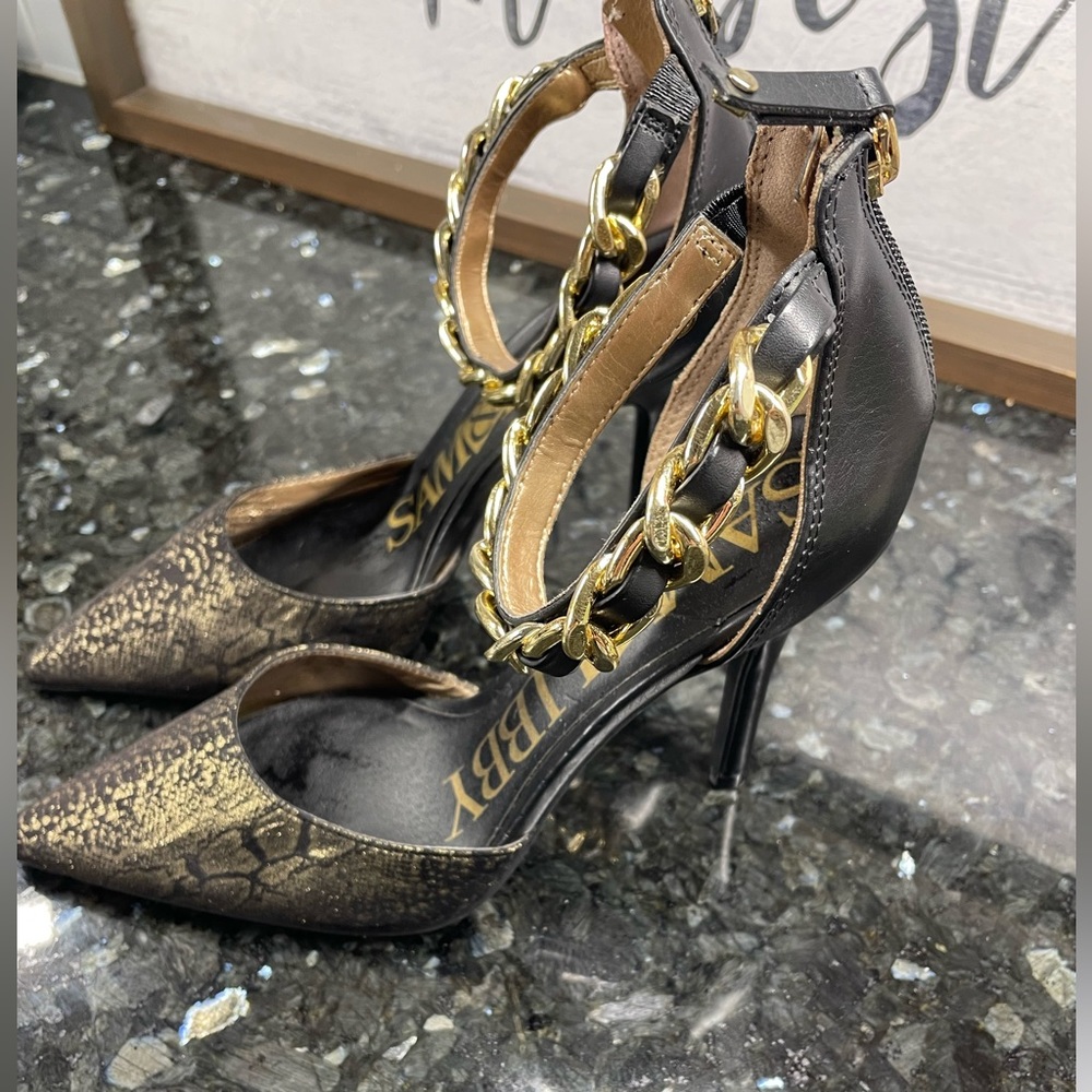 Sam & Libby SZ 6 Snakeskin Look High Heals with Gold Metallic Black Gorgeous